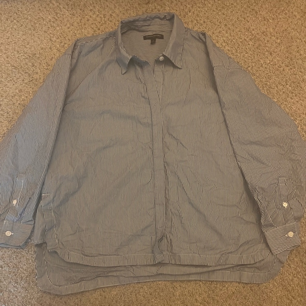 Banana Republic Oversized Striped Crescent Navy Cotton Button Down Shirt L